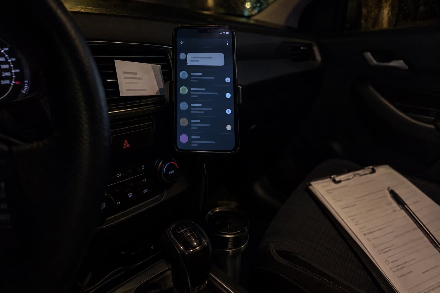 Handy in der Halterung am Armaturenbrett mit einer unbeantworteten Nachricht und mehreren ungelesenen Chats.