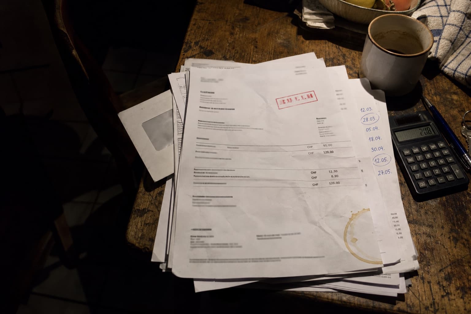 Stapel ausgedruckter Rechnungen mit Frankenbeträgen, handschriftlichen Daten am Rand und einem Taschenrechner.