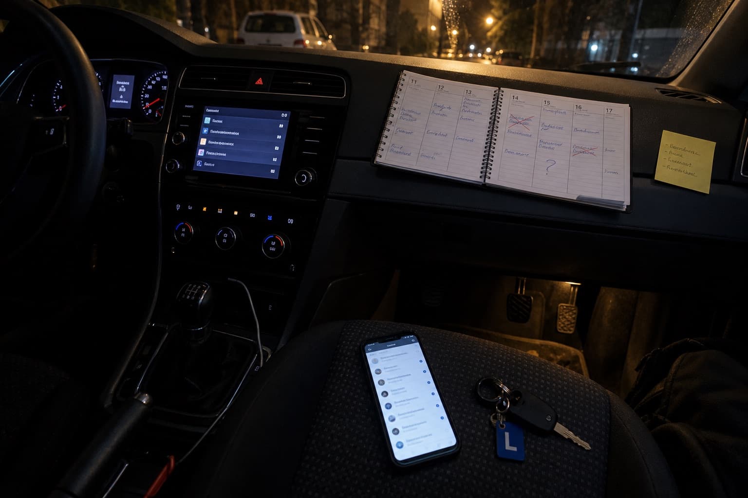Agenda auf dem Armaturenbrett, daneben ein Handy mit ungelesenen Nachrichten und ein Autoschlüssel mit L-Anhänger.